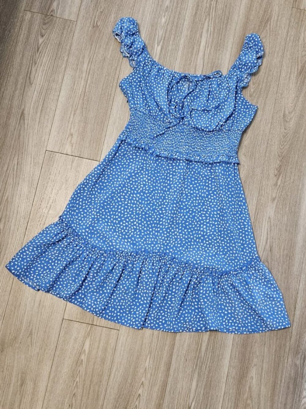 Blue & White Dot Tiered Ruffle Mini Dress Sweetheart Neck Smocked Size M